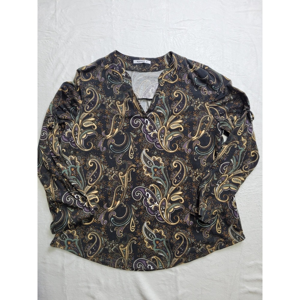 Roswear Paisley Blouse Women XL Black Multicolor V-Neck Tab Sleeve
